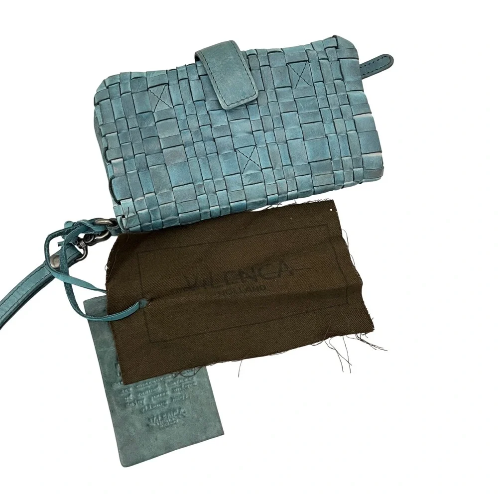 Vilenca Holland Woven Leather Wristlet Wallet  Blue Distressed Boho‎